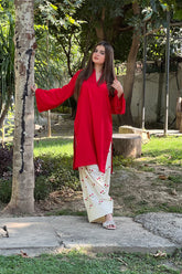 Stone Linen Short Length Shirt with Embroidered Farshi Salwar – 2 Piece