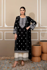 Winter Stone Linen Embroidered Long Shirt, Trouser & Dupatta 3-Piece