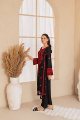 Premium Stone Linen Winter Embroidered Long Shirt with Lace Work & Plain Trouser – 2 Piece