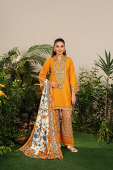 Premium Stone Linen Winter Embroidered Short Shirt with Flapper & Shawl – 3 Piece
