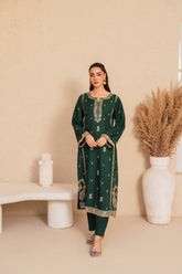 Premium Stone Linen Winter Embroidered Long Shirt with Plain Trouser – 2 Piece