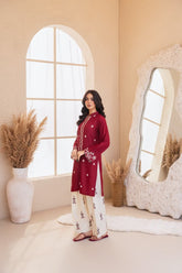 Stone Linen Embroidered Shirt with Farshi Salwar 2 Piece