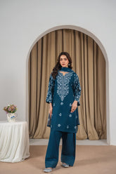 Stone Linen Embroidered Kurta Farshi 3 Piece Suit