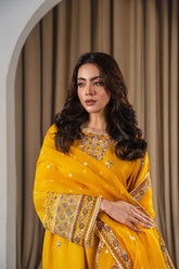 Stone Linen Sequence Embroidered Shirt Plazo 3 Piece Suit