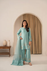 Stone Linen Embroidered Short Shirt Plazo 3 Piece Suit