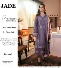 Jade Premium Lawn Unstitched Chikankari Embroidered Suit with Printed Monark Dupatta