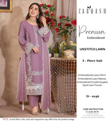 Zarqash Premium Lawn Unstitched Heavy Embroidered Suit with Crinkle Embroidered Dupatta