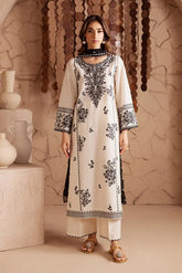 Stone Linen Embroidered Long Length 3 Piece Suit