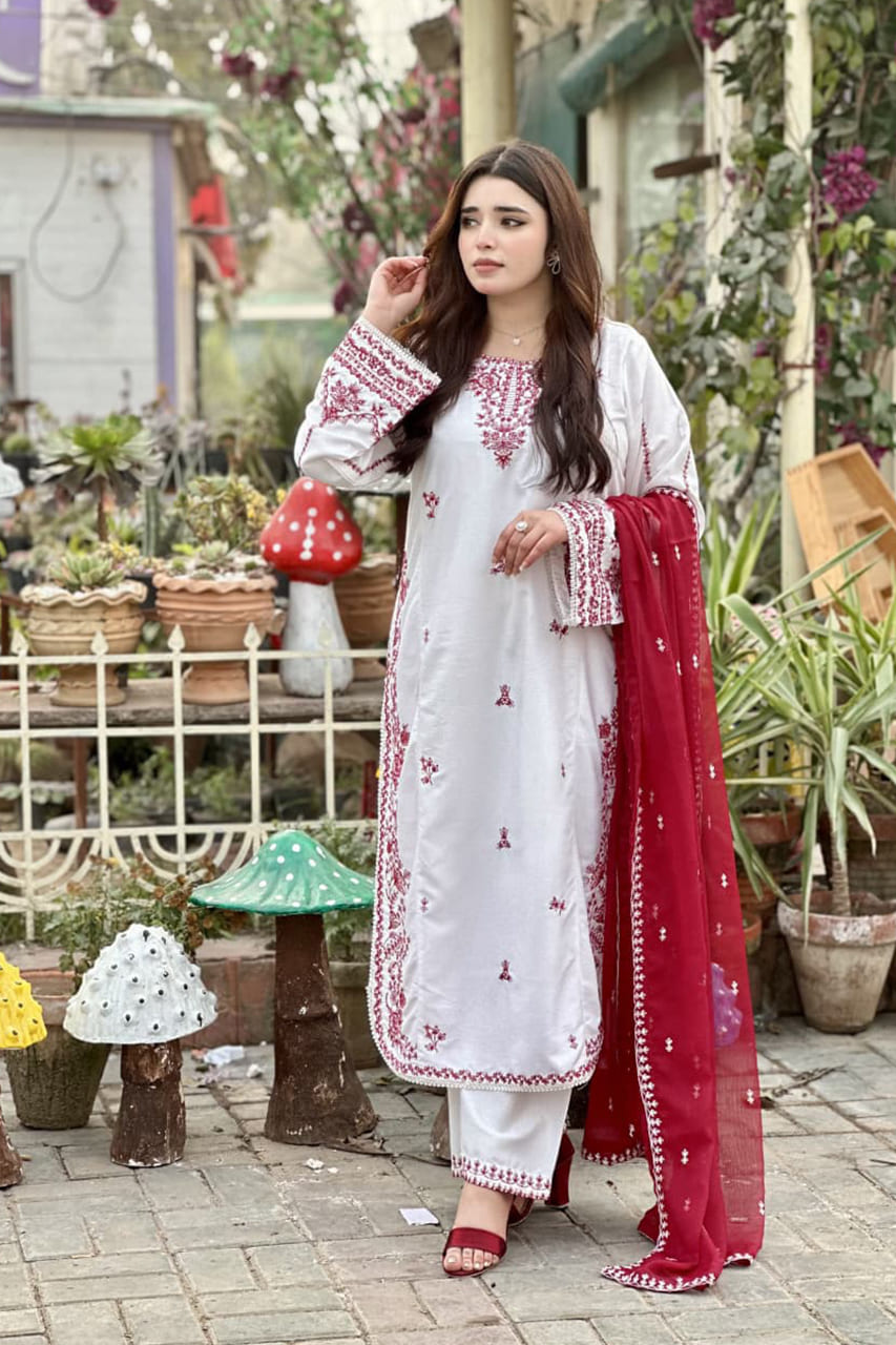 Stone Linen Embroidered Long Shirt with Plazo 3 Piece Suit