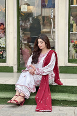 Stone Linen Embroidered Long Shirt with Plazo 3 Piece Suit