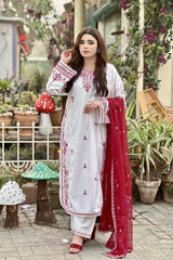 Stone Linen Embroidered Long Shirt with Plazo 3 Piece Suit