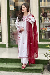 Stone Linen Embroidered Long Shirt with Plazo 3 Piece Suit