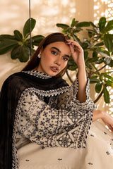 Stone Linen Embroidered Long Length 3 Piece Suit