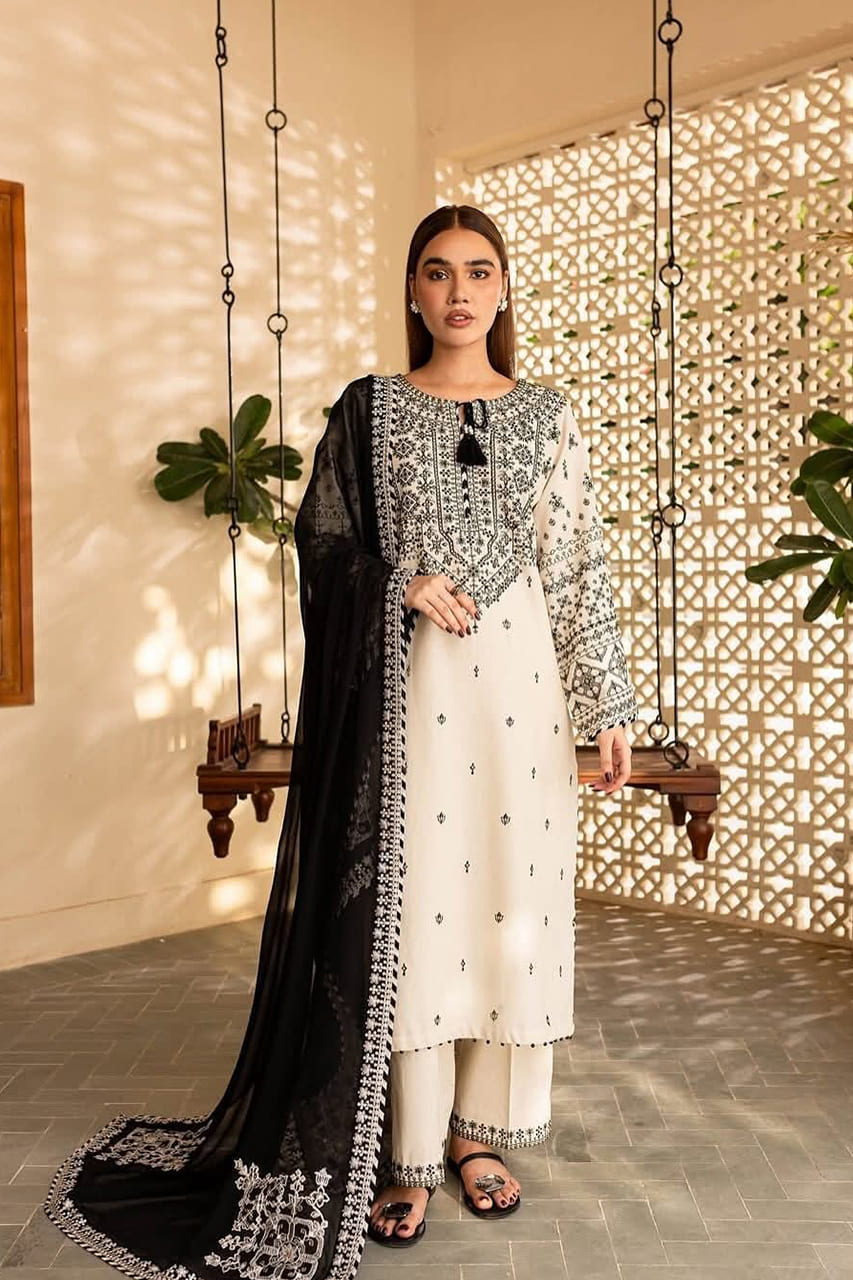 Stone Linen Embroidered Long Length 3 Piece Suit