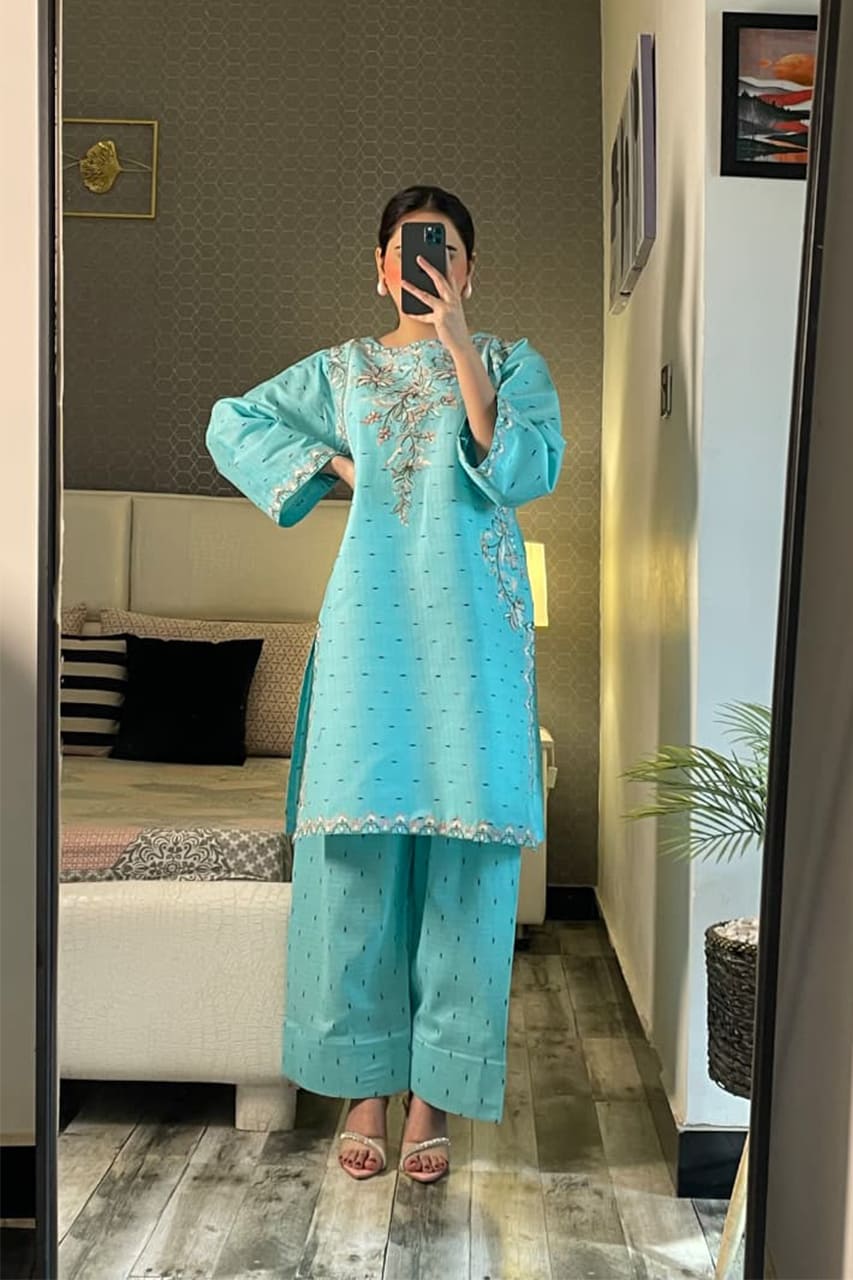 Summer Cotton Embroidered Kurta Farshi 2 Piece Suit