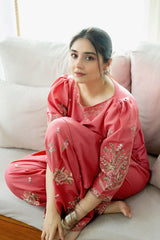 Stone Linen Winter Embroidered Short Shirt with Embroidered Farshi – 2 Piece