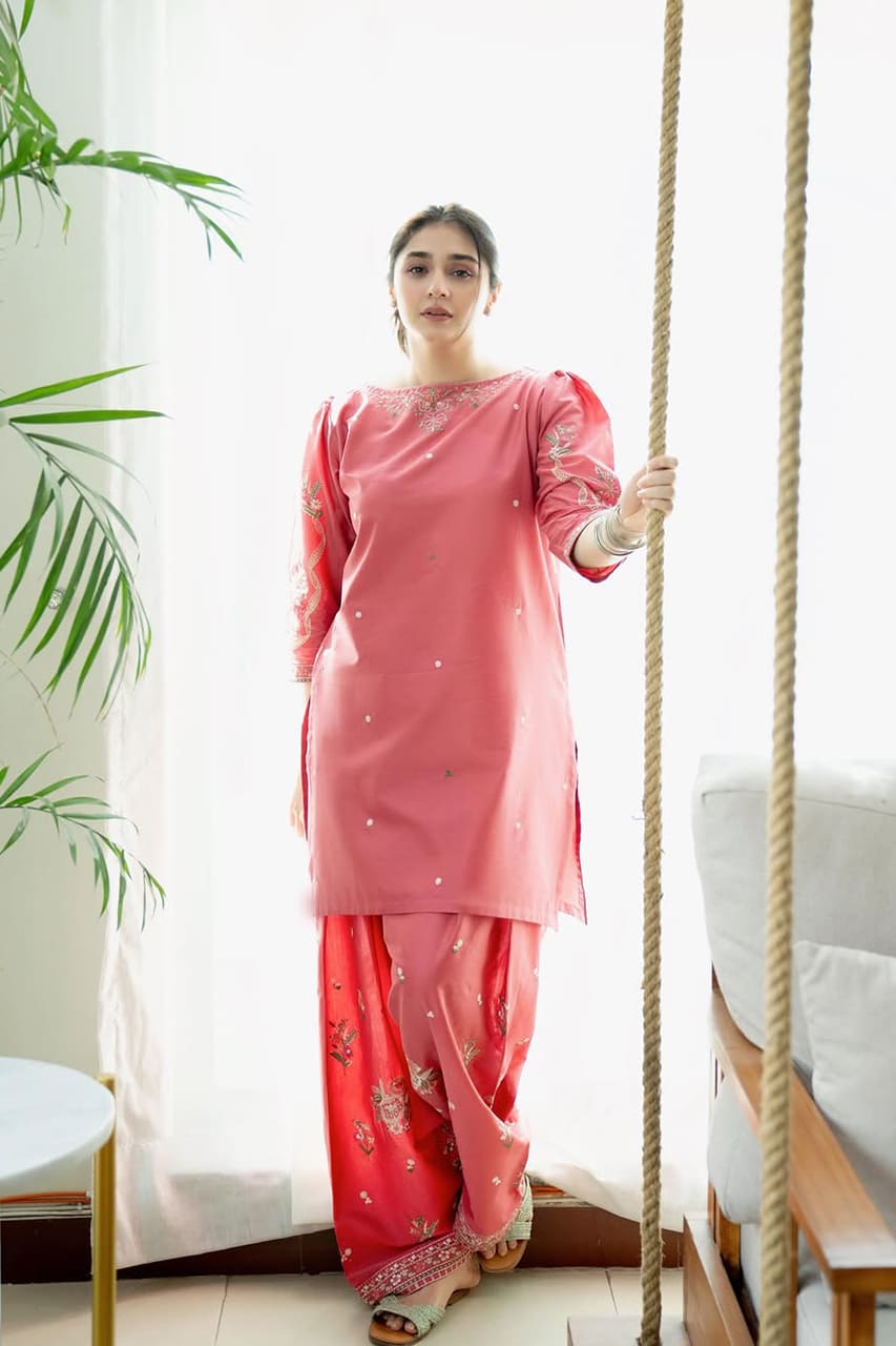 Stone Linen Winter Embroidered Short Shirt with Embroidered Farshi – 2 Piece