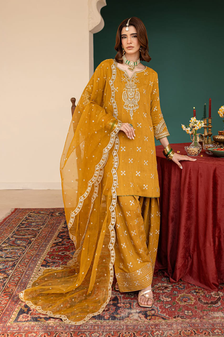 Stone Linen Sequence Embroidered 3PC Farshi Suit