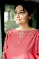 Stone Linen Winter Embroidered Short Shirt with Embroidered Farshi – 2 Piece