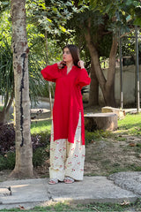 Stone Linen Short Length Shirt with Embroidered Farshi Salwar – 2 Piece