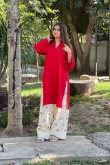 Stone Linen Short Length Shirt with Embroidered Farshi Salwar – 2 Piece