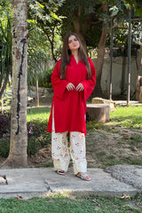 Stone Linen Short Length Shirt with Embroidered Farshi Salwar – 2 Piece
