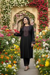 Premium Linen Embroidered Long Shirt with Embroidered Plazo – 2 Piece