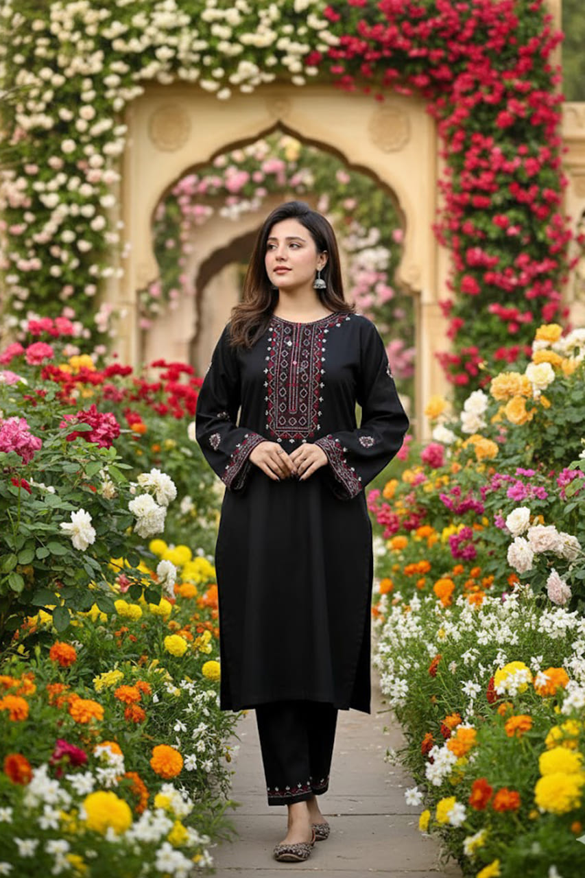 Premium Linen Embroidered Long Shirt with Embroidered Plazo – 2 Piece