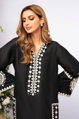 Stone Linen Embroidered Long Shirt with Plain Trouser – 2 Piece