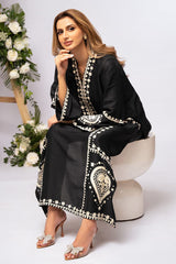 Stone Linen Embroidered Long Shirt with Plain Trouser – 2 Piece