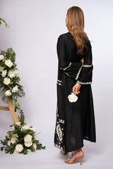 Stone Linen Embroidered Long Shirt with Plain Trouser – 2 Piece