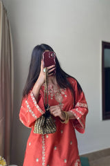 Premium Stone Linen Winter Embroidered Short Shirt with Embroidered Farshi – 2 Piece