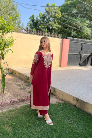 Premium Stone Linen Embroidered Long Shirt Suit 2 Piece