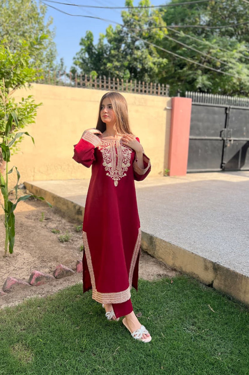 Premium Stone Linen Embroidered Long Shirt Suit 2 Piece