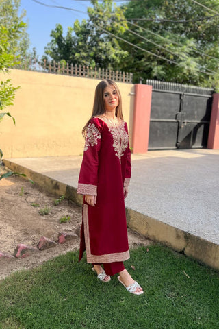 Premium Stone Linen Embroidered Long Shirt Suit 2 Piece