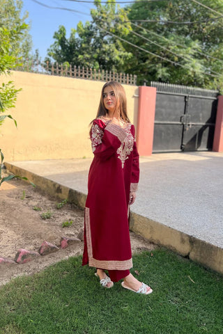 Premium Stone Linen Embroidered Long Shirt Suit 2 Piece