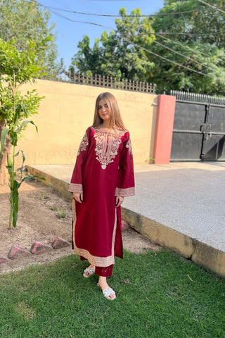 Premium Stone Linen Embroidered Long Shirt Suit 2 Piece