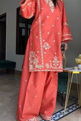 Premium Stone Linen Winter Embroidered Short Shirt with Embroidered Farshi – 2 Piece
