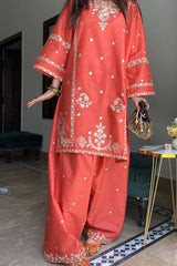 Premium Stone Linen Winter Embroidered Short Shirt with Embroidered Farshi – 2 Piece