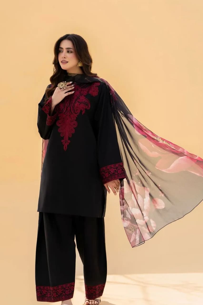 Premium Linen Royal Embroidered Shirt with Embroidered Trouser & Digital Dupatta – 3 Piece