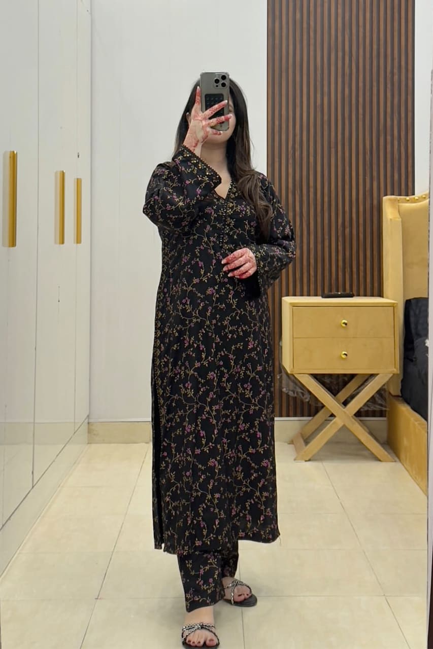 Premium Stone Linen Embroidered Long Shirt Suit 2 Piece