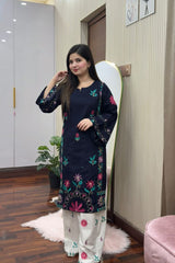 Premium Stone Linen Embroidered Short Shirt Farshi Salwar Suit 2 Piece