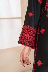 Premium Stone Linen Winter Embroidered Long Shirt with Lace Work & Plain Trouser – 2 Piece