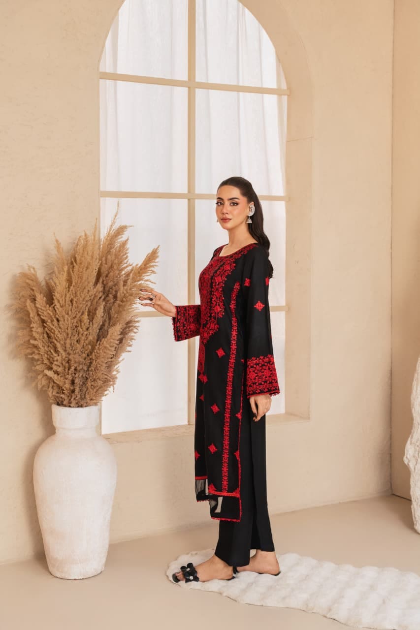 Premium Stone Linen Winter Embroidered Long Shirt with Lace Work & Plain Trouser – 2 Piece