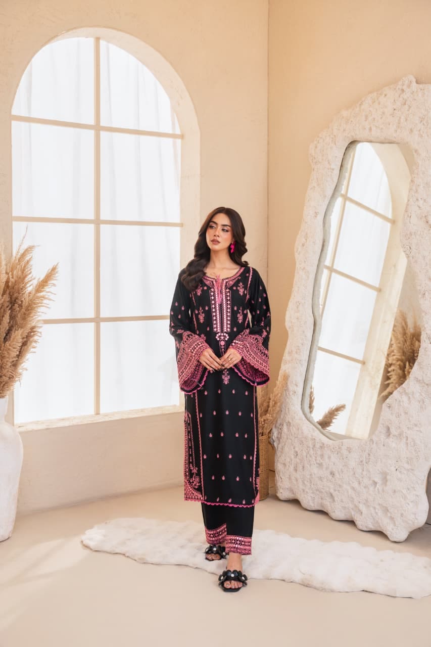 Premium Stone Linen Winter Embroidered Long Shirt with Embroidered Trouser – 2 Piece