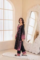 Premium Stone Linen Winter Embroidered Long Shirt with Embroidered Trouser – 2 Piece