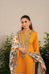 Premium Stone Linen Winter Embroidered Short Shirt with Flapper & Shawl – 3 Piece