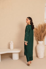 Premium Stone Linen Winter Embroidered Long Shirt with Plain Trouser – 2 Piece