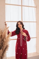 Stone Linen Embroidered Shirt with Farshi Salwar 2 Piece