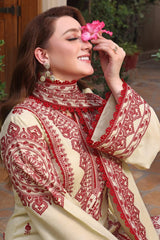 Stone Linen Embroidered Long Length 3 Piece Suit